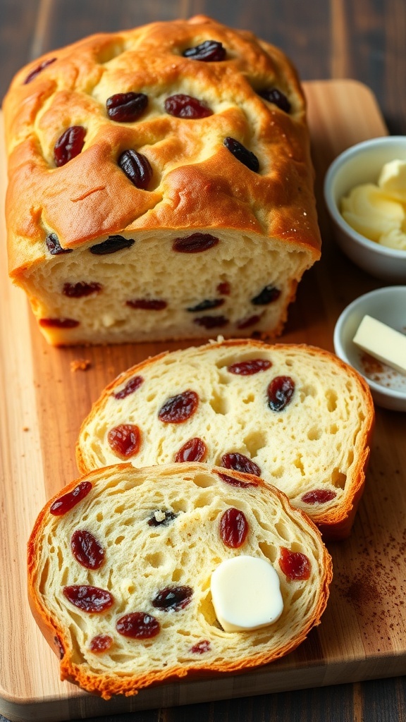 Sliced sweet raisin bread on a wooden board, showcasing its fluffy texture and raisins, with butter and cinnamon on the side.